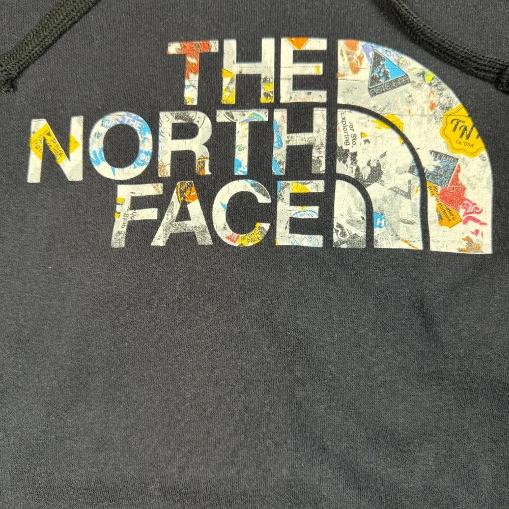 The North Face Hoodie Men Large Black Half Dome Collage Sticker Graphic Pullover
